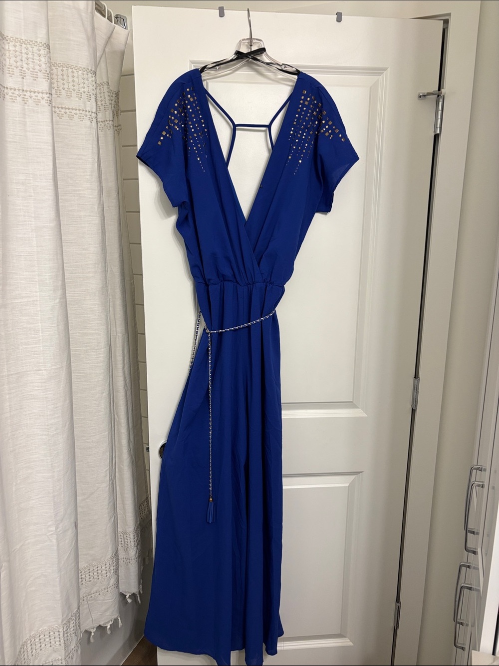 Marineblu Royal Blue V-Neck Jumpsuit with Chain Belt